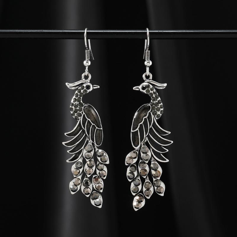New Chinese retro ethnic style peacock painted earrings exquisite diamond-encrusted long fringed earrings high-end earrings women