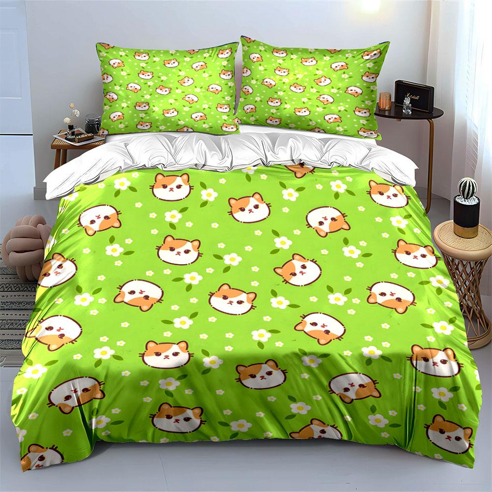 Cartoon Cats and Flowers On Green Background Print Bedding Set 1 Duvet Cover 2 Pillowcases for Adult and Children Luxury Gift