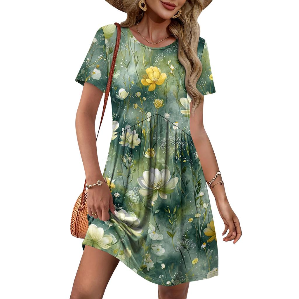 Women’s Short Sleeve Floral Print Casual Mini Dress Crew Neck Loose Fit Summer Sundress Soft Fabric Comfortable Style