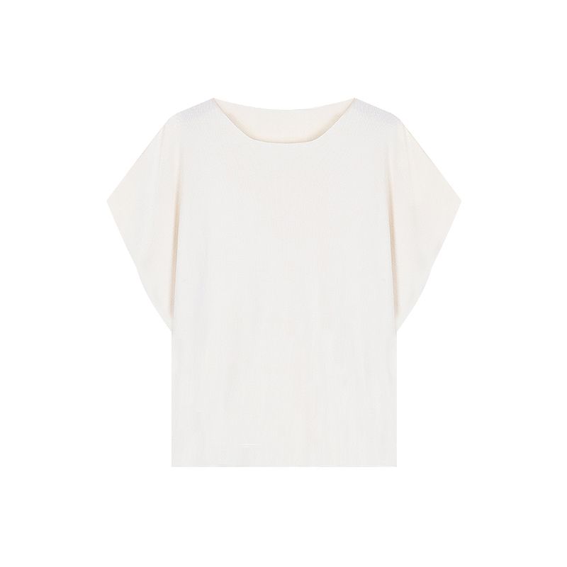 Loose Slim Looking Casual off-the-Shoulder Knitting Short Sleeve T-shirt