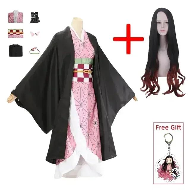 Kamado Nezuko Cosplay Costume Anime Kimono Kamado Nezuko Wig Uniform Halloween Women Children's Clothing