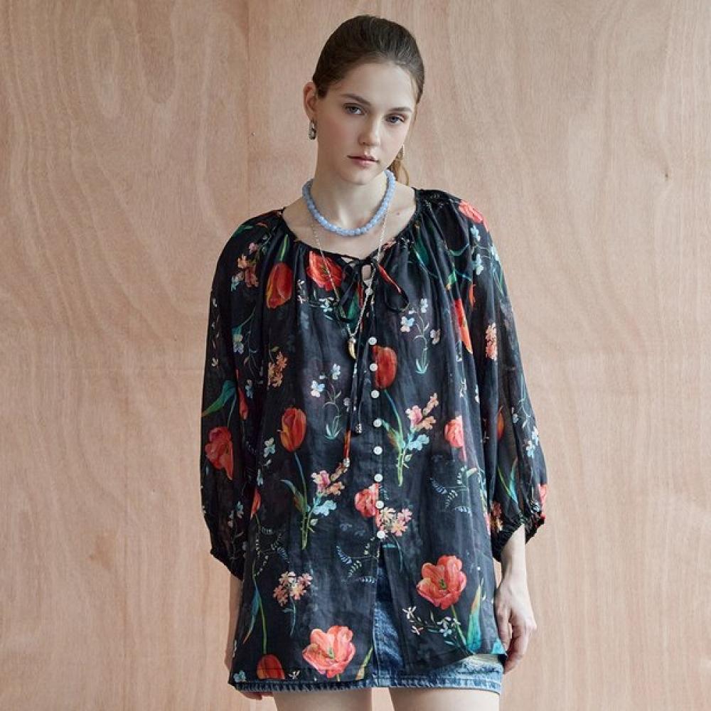 Maxza Flower Pattern Linen Loose Fit Blouse Zf08qb023nh