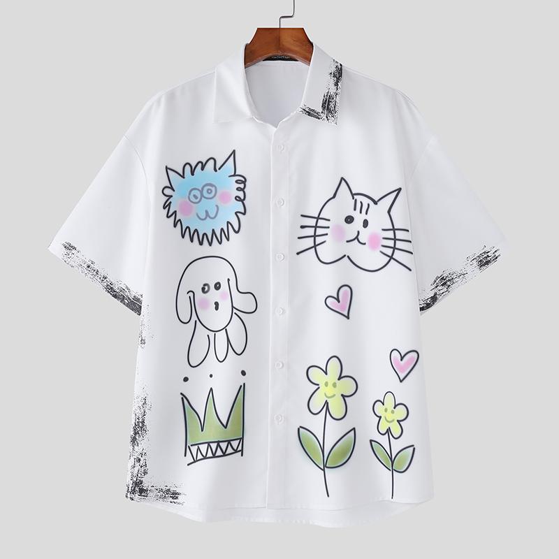 

INCERUN Plus Size Cartoon Print Shirts Men Lapel Short Sleeve Casual Loose Tops S белый