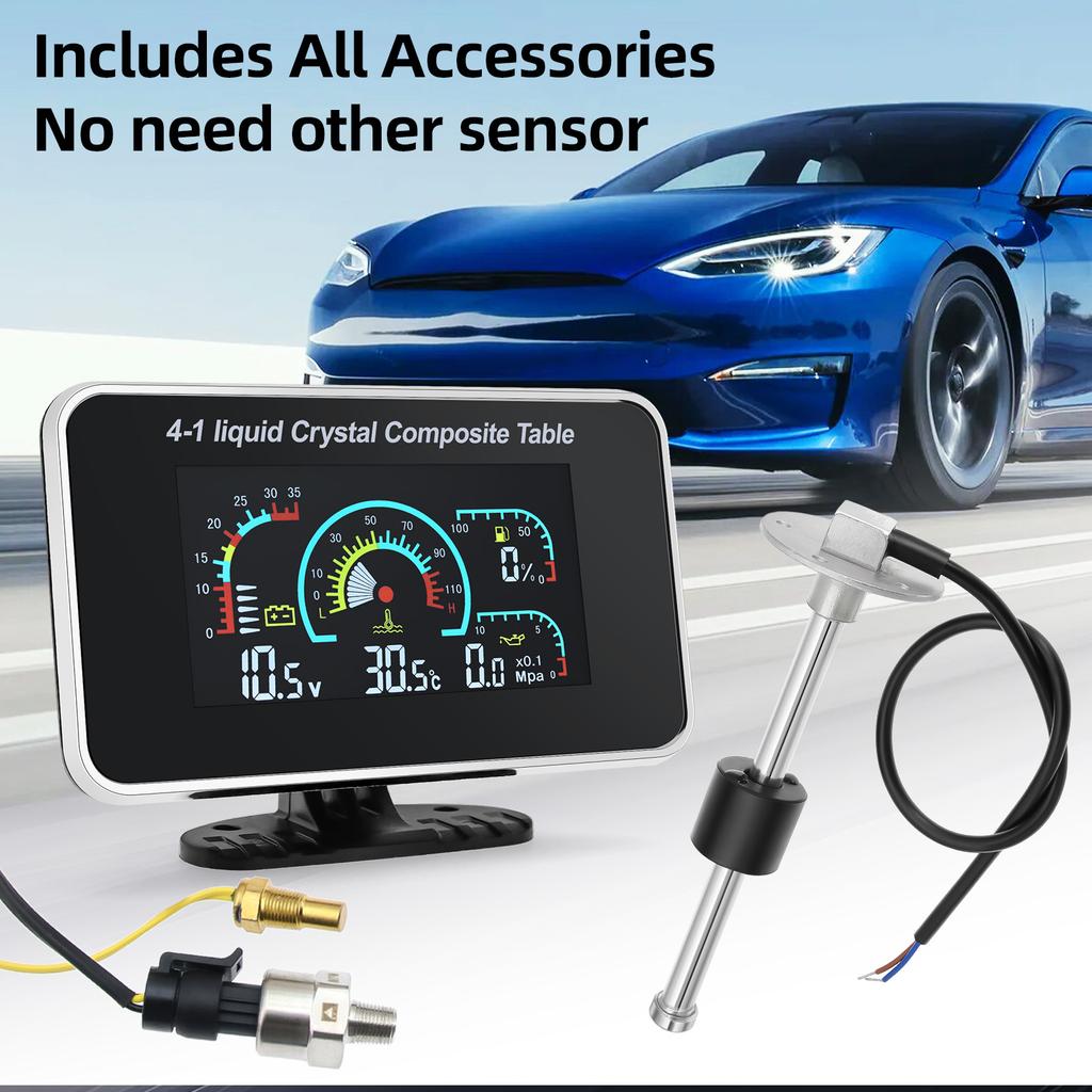 4 IN 1 HD Gauge Digital Universal Gasoline Meter for Car Fuel Gauge Water Temperature Gauge Oil Pressure Gauge Voltmeter 12V