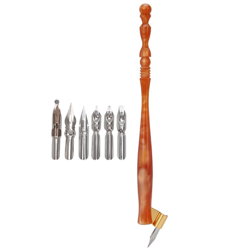 7pcs Flat Nibs Calligraphy Dip Pen Resin Handle Oblique Pen Holder Antique Dip Pen Set  For Artists