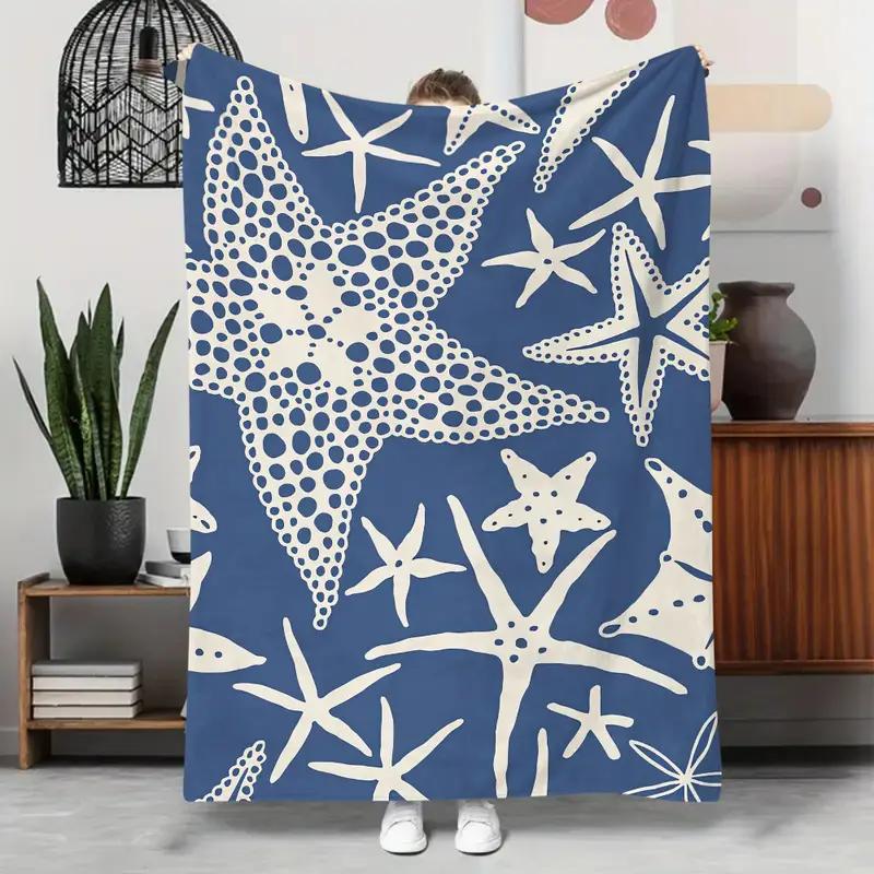 Ocean themed flannel blanket - blue and white starfish design for the beach, camping - family Halloween or Christmas