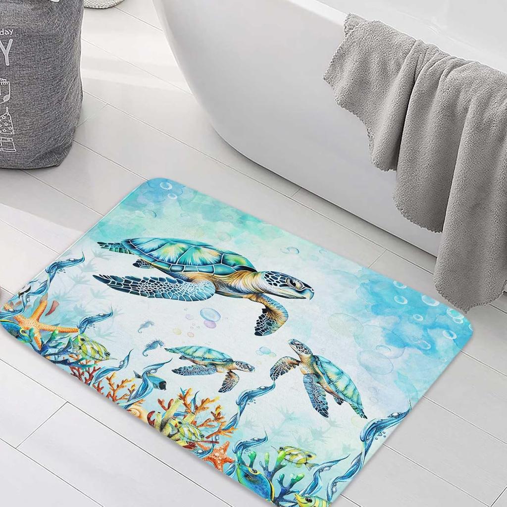Watercolor Sea Turtle Blue Bathroom Rugs, Nautical Marine Animals Underwater Sea World Bath Rugs, Cute Bath Mats for Bathroom Shower Floor Decor, 17