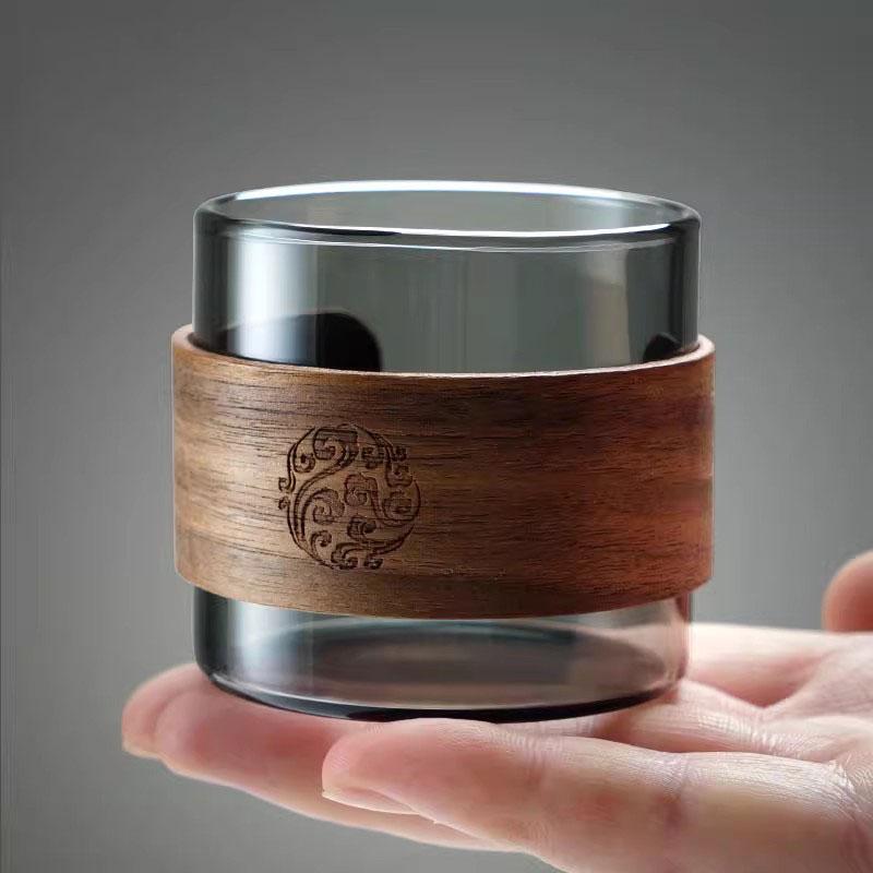 1pcs Heat-resistant Glass Tea Cup Set With Scald Proof Wooden Holder Clear Kungfu Tea Master Cup Home Coffee Espresso Mug