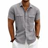 Men's Linen Cargo Short Sleeve Shirt, American Style Casual Double Chest Pocket Loose Button Down Tops for Men