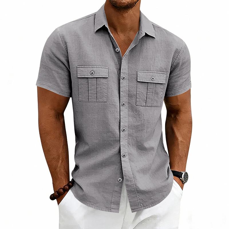 Men's Linen Cargo Short Sleeve Shirt, American Style Casual Double Chest Pocket Loose Button Down Tops for Men