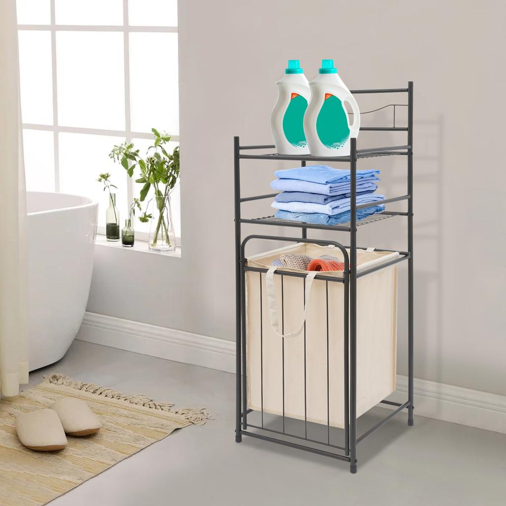 Modern 3-Tier Metal Laundry Hamper Organizer with Removable Bags, Multi-Purpose Storage Shelf Rack for Bedroom Bathroom Closet