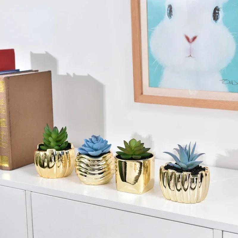Electroplated Golden Ceramic Succulent Flower Pot Home Decor Horticultural Potted Creative Tabletop Plant Pots Floral Utensils
