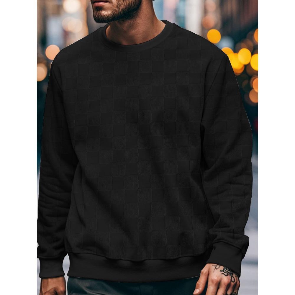 Fashion-forward men's relaxed-fit terry-embroidered checkered long-sleeved crew-neck sweatshirt