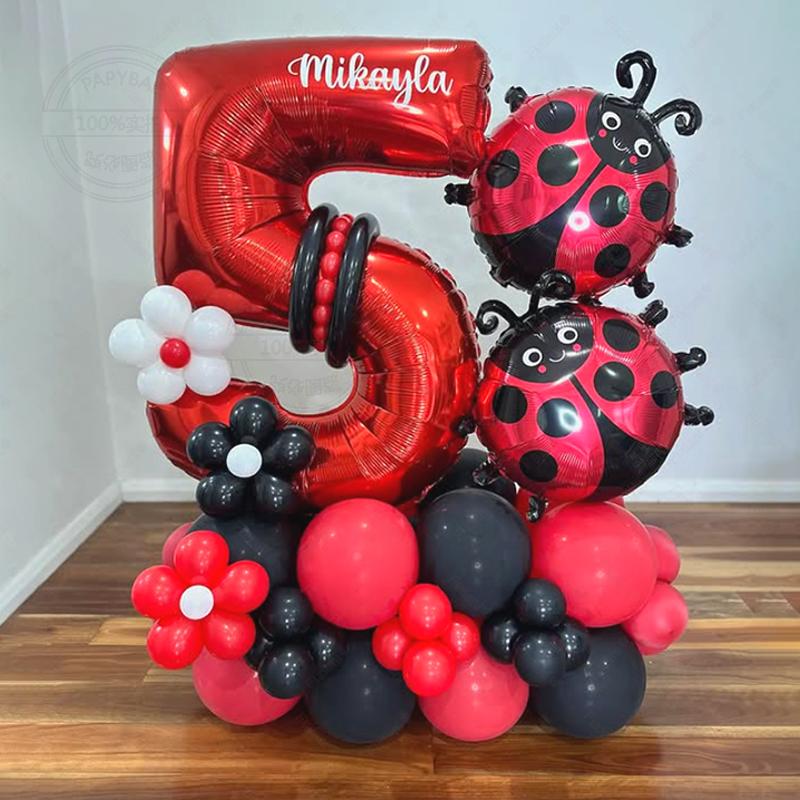 62pcs LadyBug Foil Balloons Garland Arch Kit Red Number Foil Ballon 1-9 Black Dot Happy Birthday Banner Party Decors Air Globos