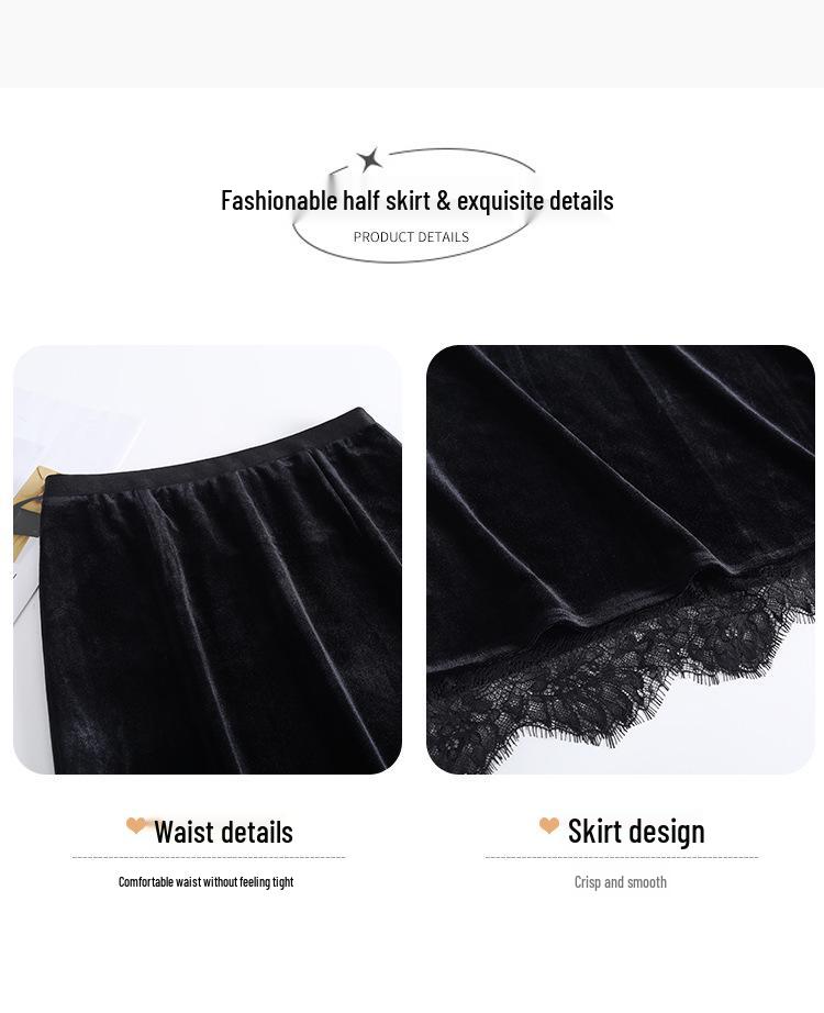 Elegant Velvet Lace Trim High-Waisted Slit Tube Pencil Skirt