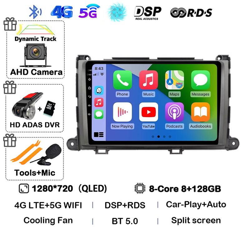 Android 14 Carplay Car Radio Player for Toyota Sienna 2009 2010 2011 2012 2013 2014 2Din Multimedia Autoradio Navigation GPS DSP