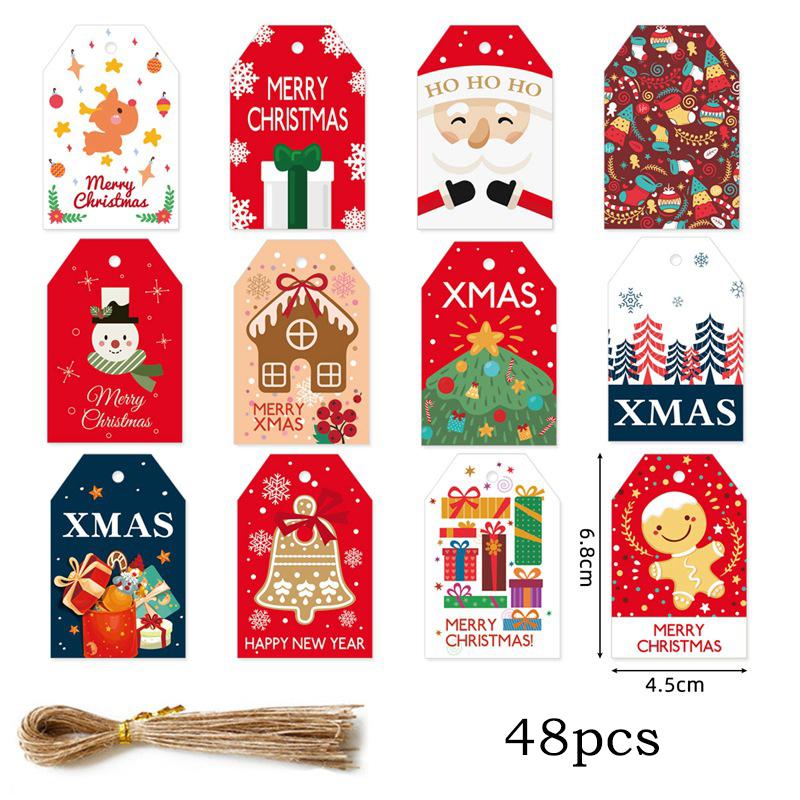 

48 шт. 3D всплывающих рождественских открыток, карточки-подвески, украшения для рождественской елки, красочные подарочные бирки, красная веревка, натуральный шпагат, праздничные поздравительные открытки Cowhide string