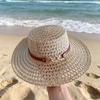 Woven Flat Top Hat Buckle Decorated Band Flat Brim Hat Versatile Straw Hat  Daily Matching
