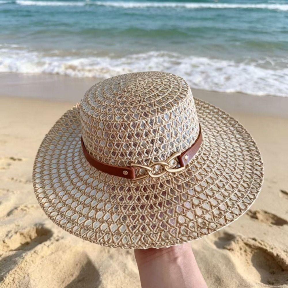 Woven Flat Top Hat Buckle Decorated Band Flat Brim Hat Versatile Straw Hat Daily Matching