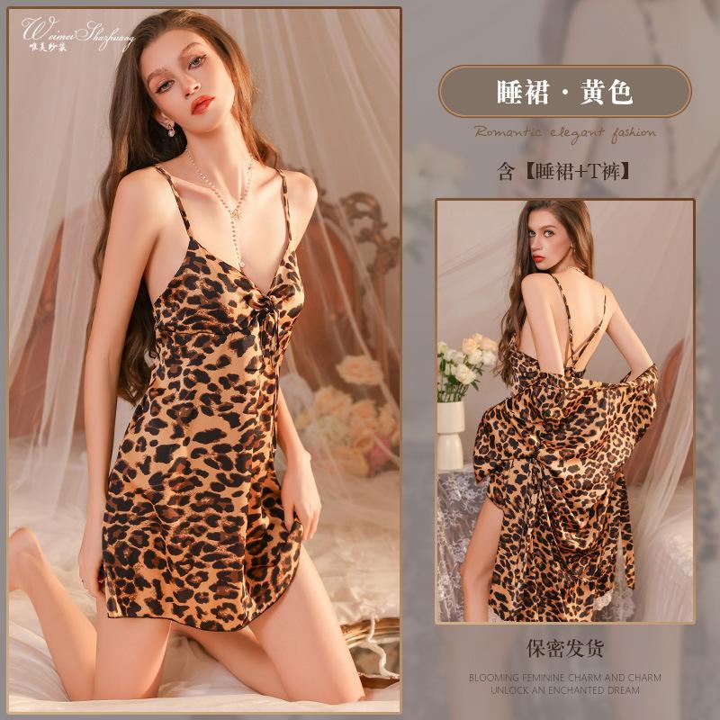 Красивая пряжа сексуальный леопардовый принт подтяжки женская чистое желание искушение ночная рубашка глубокий V с чашечками халат M