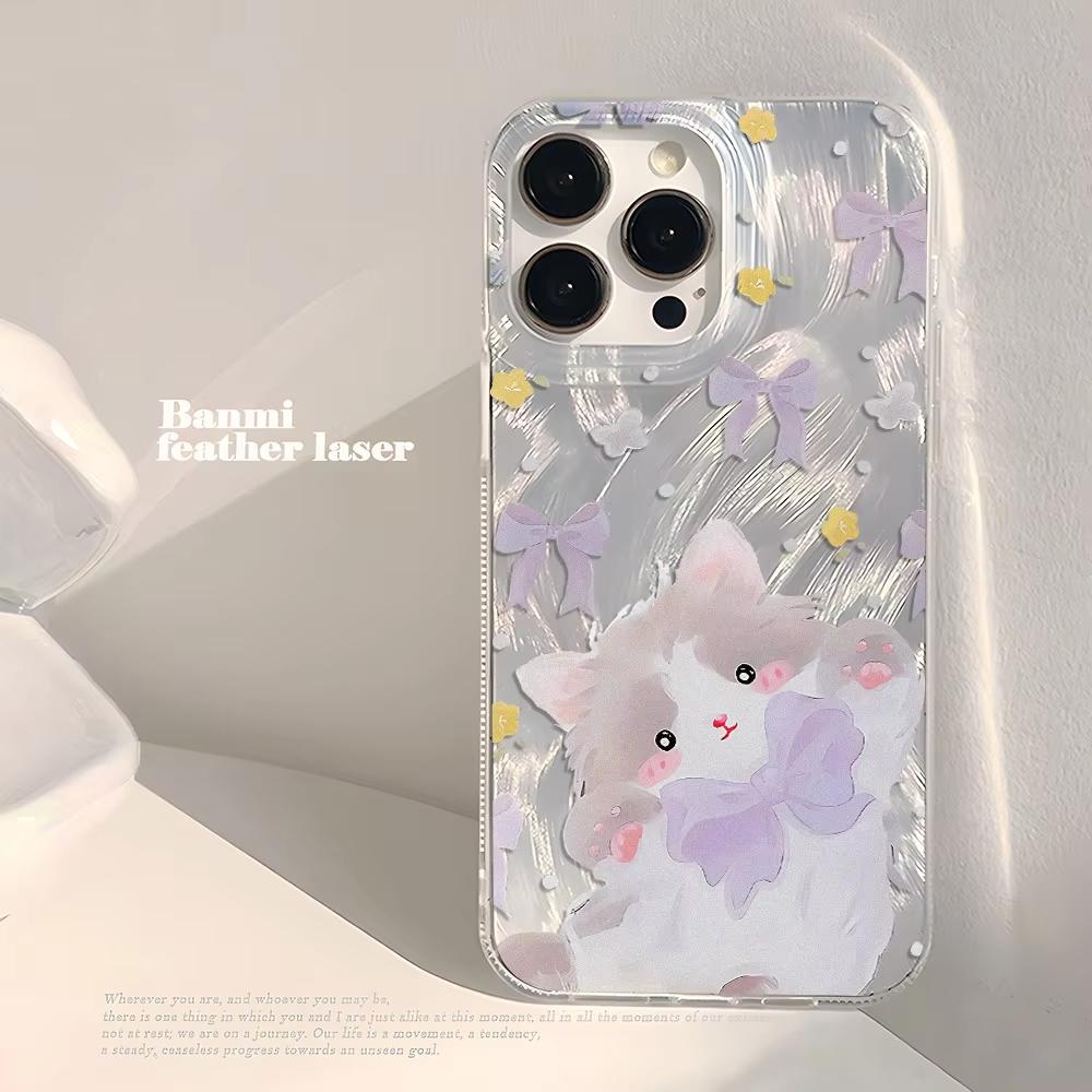 Cute Black Cat Phone Case For iPhone 17 Air 16 E 15 14 13 12 11 Pro Max Plus SE 2020 2022 Silver Feather Texture Cover