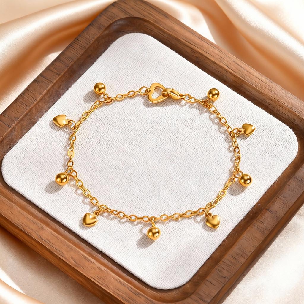 18K Gold Plated Round Beads Heart Charm Bracelet for Women, Stainless Steel Adjustable Bracelets, Dainty Waterproof Jewelry