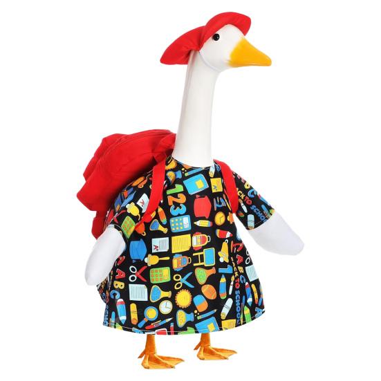 4Pcs/Set Back To School Porch Goose Outfits Outdoor Garden Lawn Yard Goose Statue Printed Dress Red Hat Backpack Pencil Dress-up Clothing