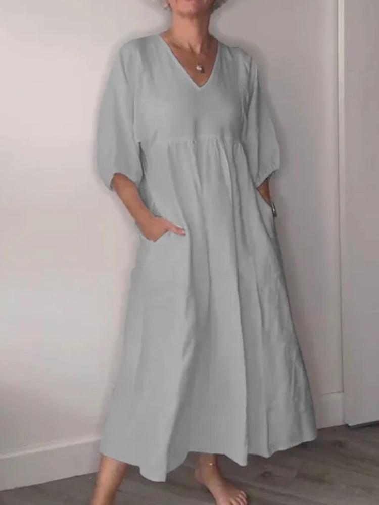 

Women s V-Neck Loose Fit Midi Dress with Pockets, 3/4 Sleeve, Casual Long Dress in White, Blue, Orange, Black 5XL сірий колір