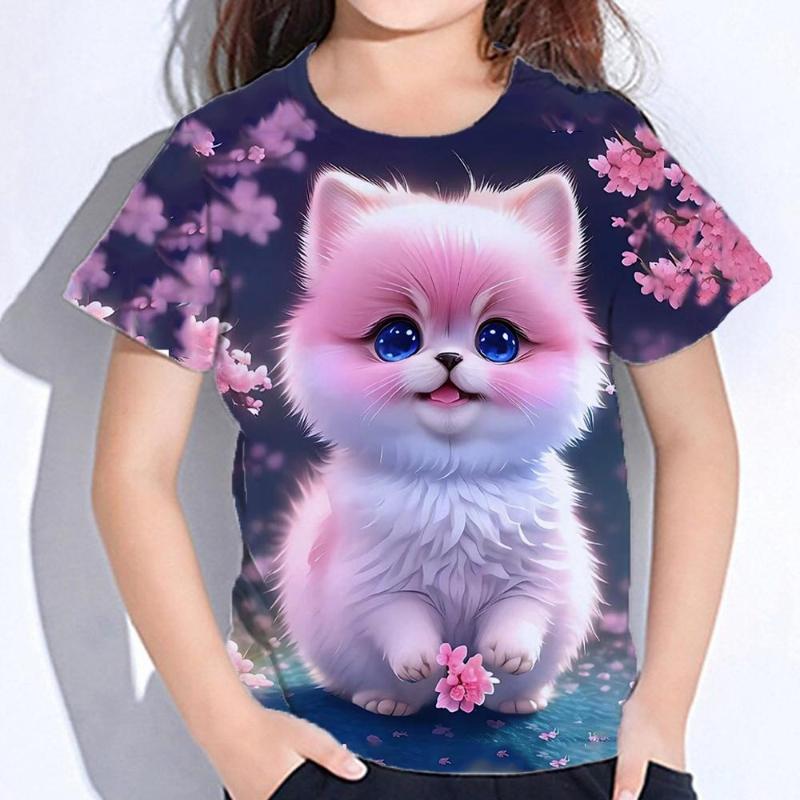 Children's Cartoon Kitten Printed Colorful Round Neck T-shirt for Girls, Fashionable Soft Comfortable T-shirt