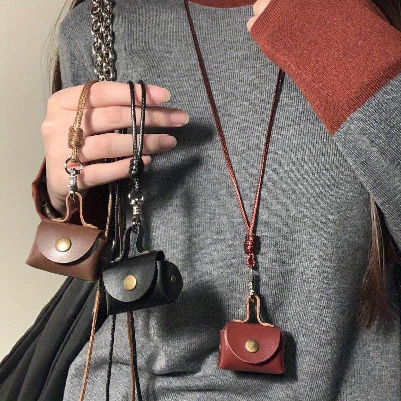 Mini Leather Coin Purse Pendant Necklace for Women Vintage Adjustable Leather Rope Sweater Chain Necklace Jewelry Gifts