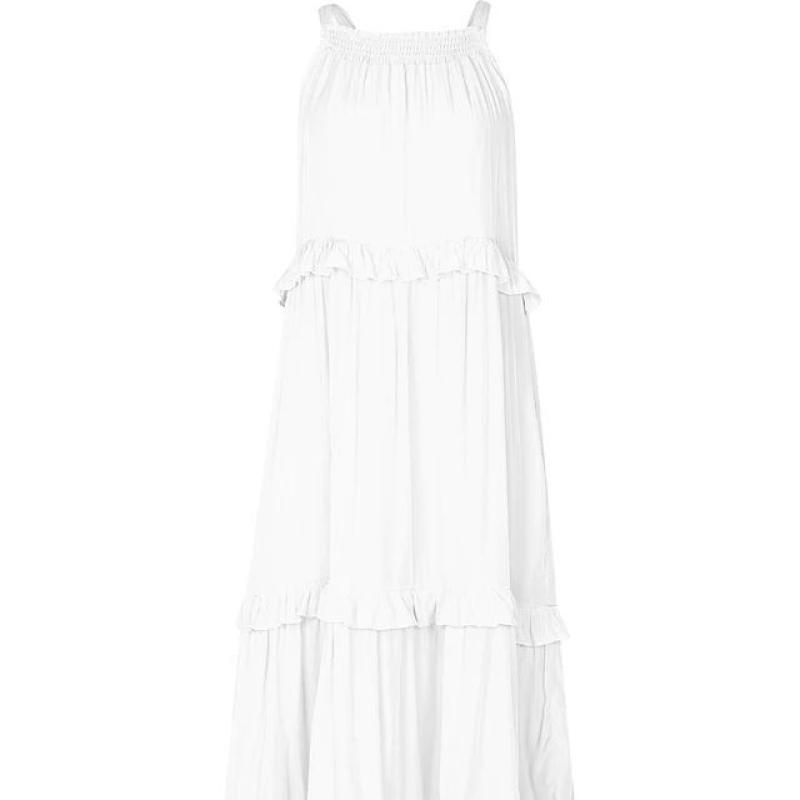 

Лето 2025 года, новое женское длинное платье для отпуска с оборками, струящееся А-силуэта с халтер-воротником, сексуальное пляжное платье, праздничная элегантная пляжная юбка S белый