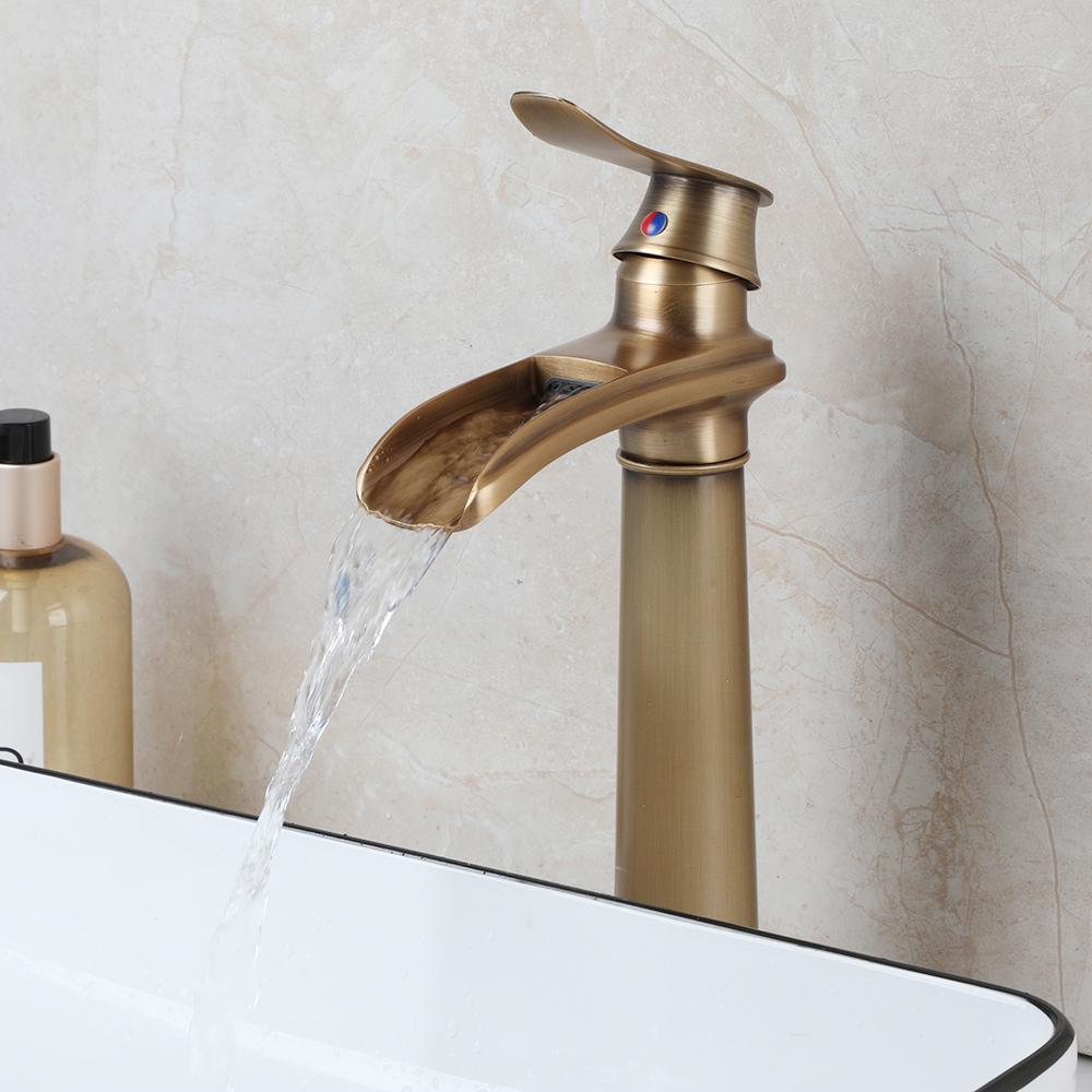 Antique Brass Bathroom Basin Sink Faucet Waterfall Hot Cold Mixer Tap Single Handle Basin Faucets Deck Mounted Tap