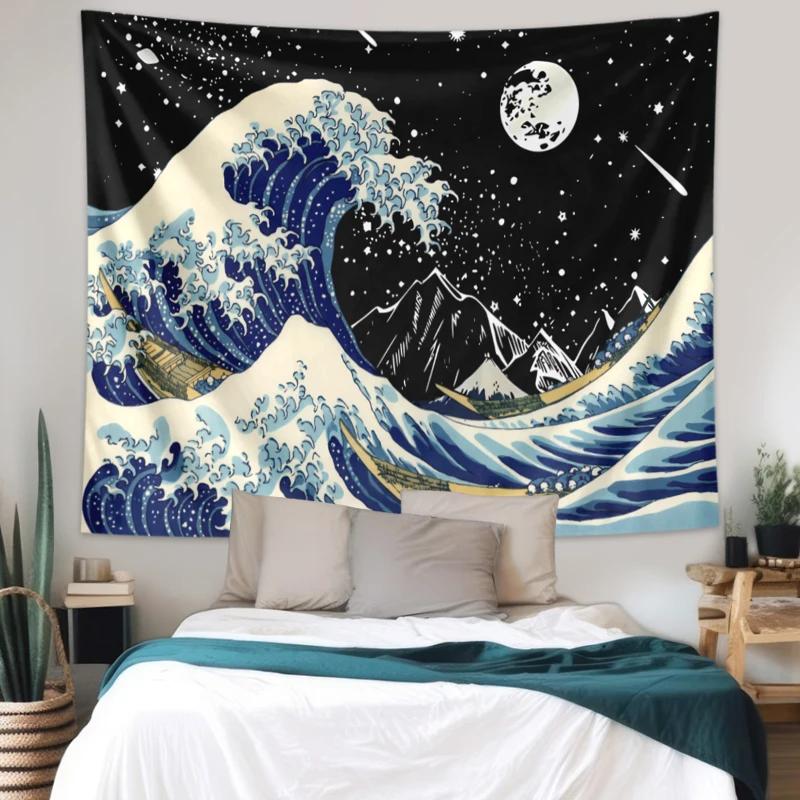 VIKAMA Kanagawa SurugaIchi Tapestry Ukiyoe Japanese Wave Wall Hanging Cloth Bedroom Dormitory Tapestry Home Decoration