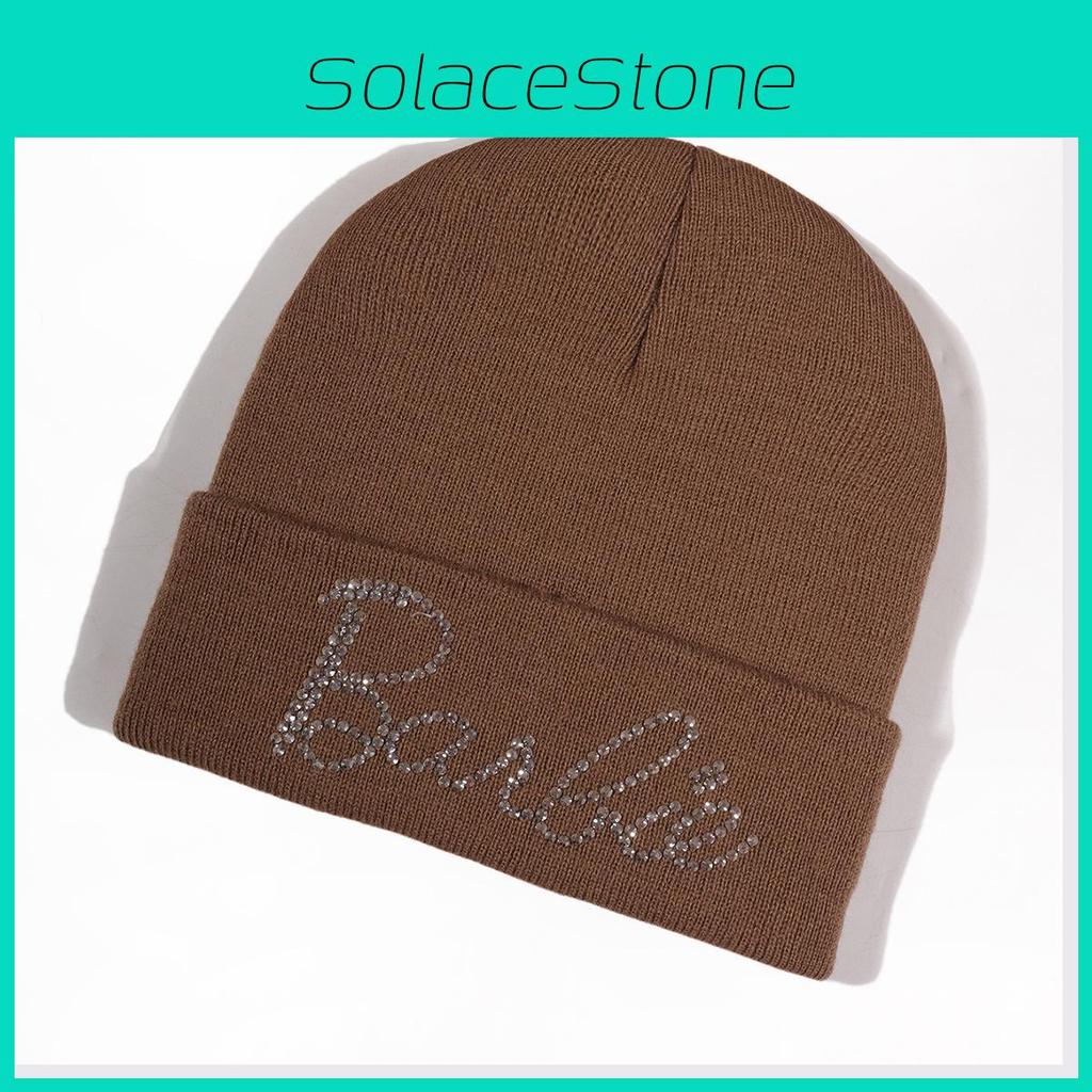 Solid Fashionable Color Knitted Hat With Alphabet Rhinestone Decor For Daily