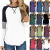Womens Casual Long Sleeve Round Neck Splicing Stripes Color Blouses Leisure Tops