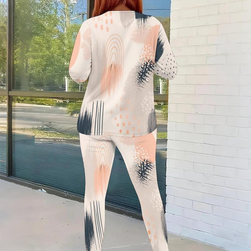 Women Plus Size White Printed Round Neck Long Sleeve Top And Fitted Pants Two Piece Set