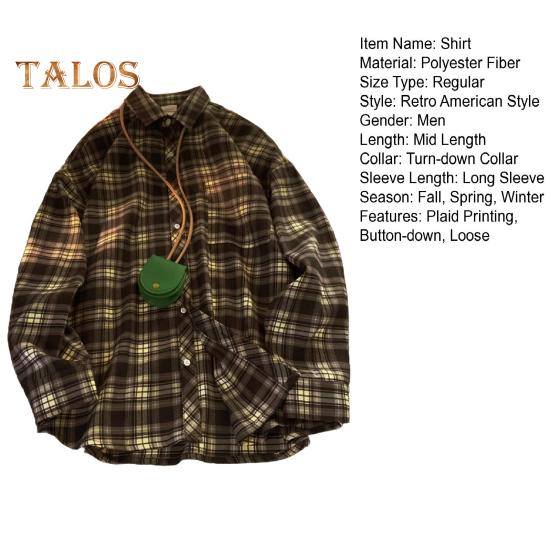 Spring Fall Men Shirt Turn-down Collar Plaid Printing Loose Button-down Retro American Style Long Sleeve Streetwear Top for Travel Daily Wear