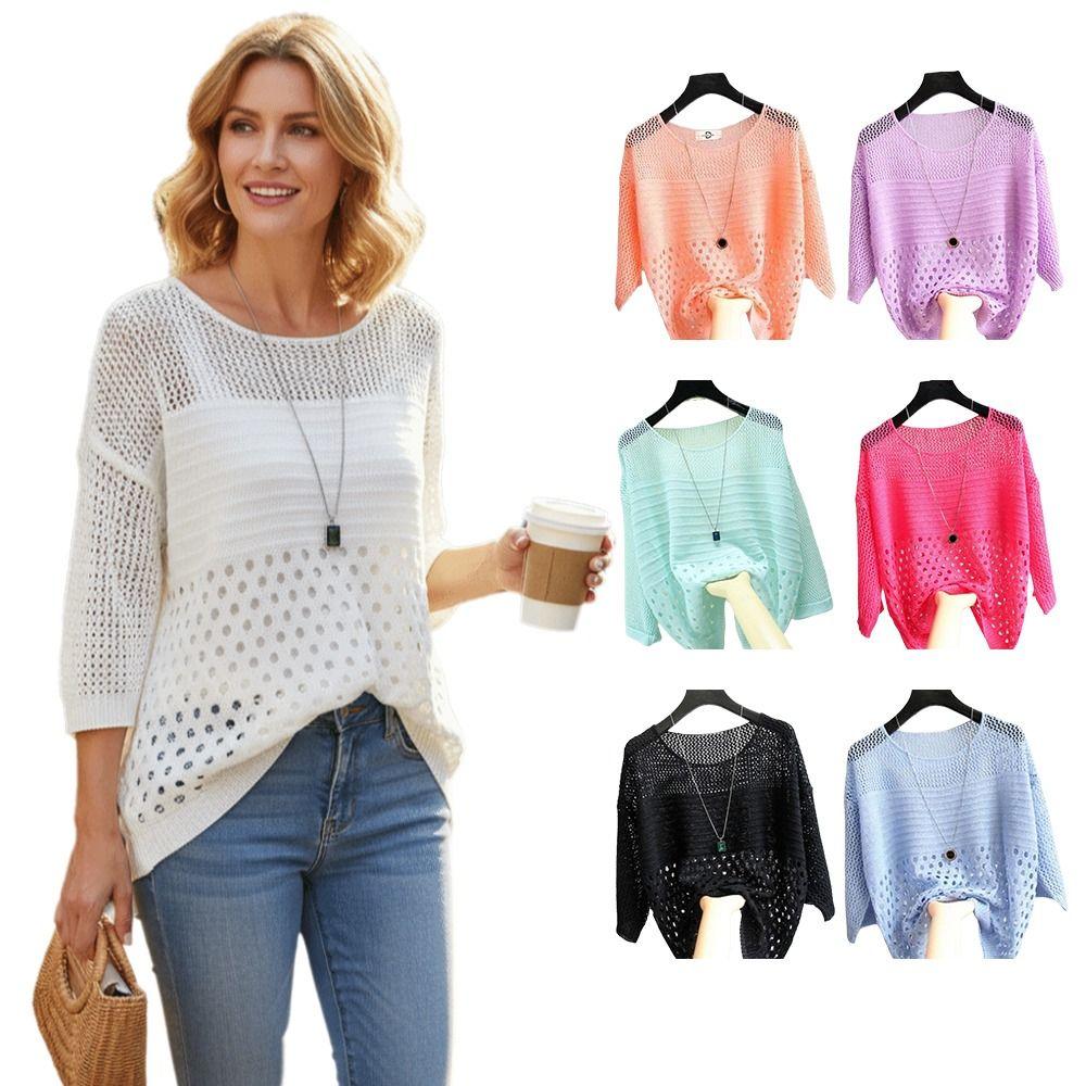 Hollow Out Crochet Pullover Round Neck Loose Blouse Fashion Beach Cover Up Casual Daily
