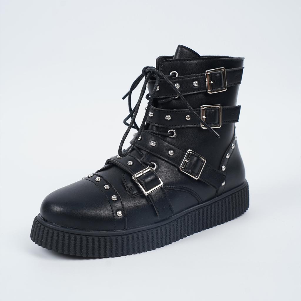 Large Size 42 Platform Mid Calf Boots Women Fashion Punk Rivet Knight Boots New Autumn Winter Women'S Thick Bottom Leather Shoes