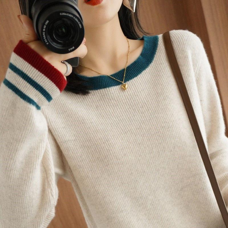 Round-neck Sweater Loose Korean-style Plus-size Pullover Fashionable Solid-color Loose Knitted Sweater Long-sleeved Top for Autumn and Winter