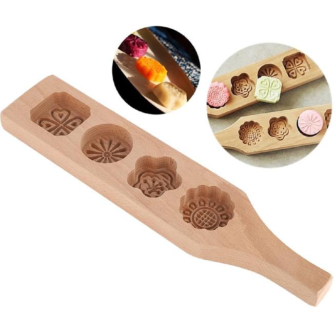 Wooden 4 Flower Pattern DIY Handmade Press Food Pastry Biscuit Cookie Pumpkin Pie Baking Tool for Home Bakery Dessert Shop(Pattern Two)