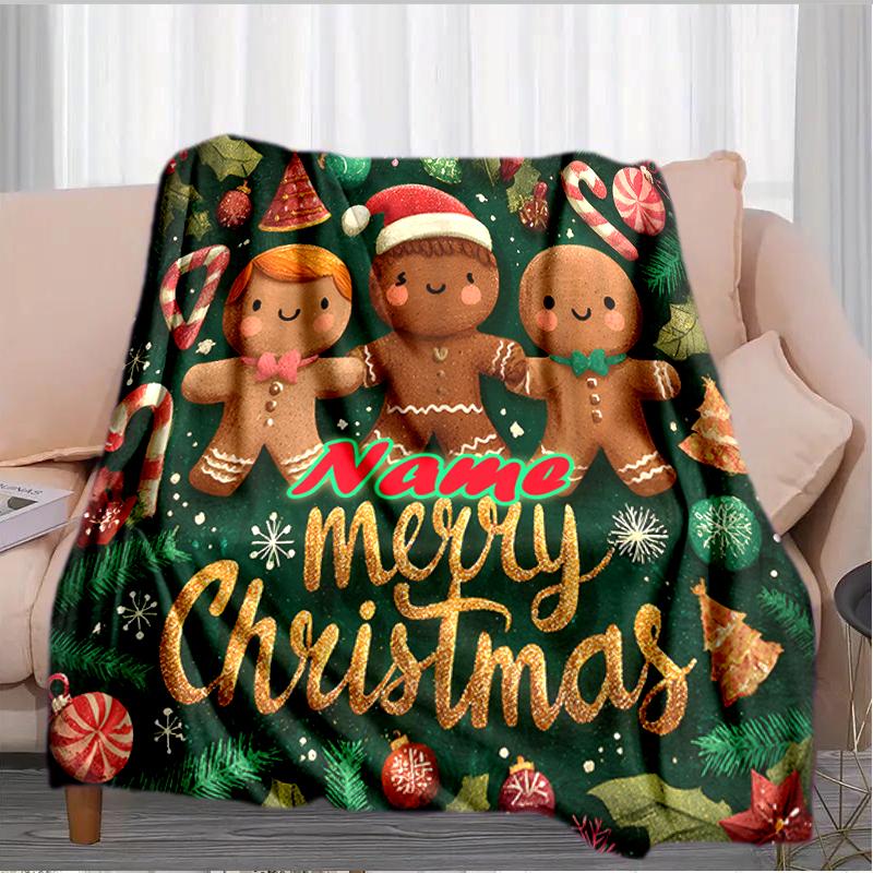 1PC Custom Name Gingerbread Friends Christmas Outdooor Flannel Blankets Throw Blanket All-Season Throw Gift Bedspread for Couch, Bed, Camping Holiday 