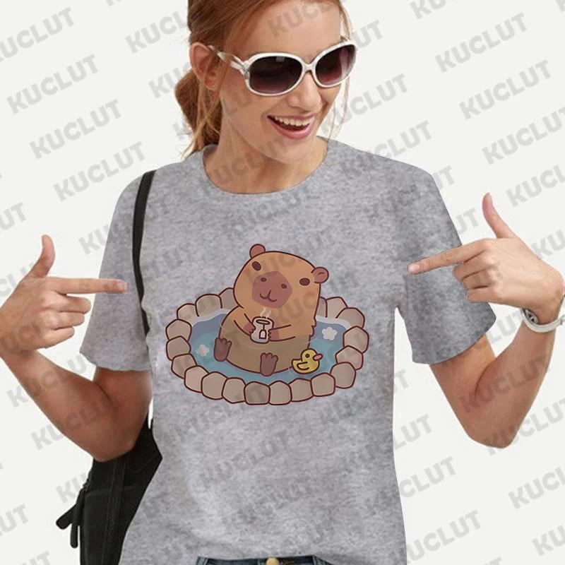 Woman Clothing Japanese Style Cute Capybara Print Tees Shirt Fashion Female Clothes T-Shirts Funny Animal Graphic Y2k Tops