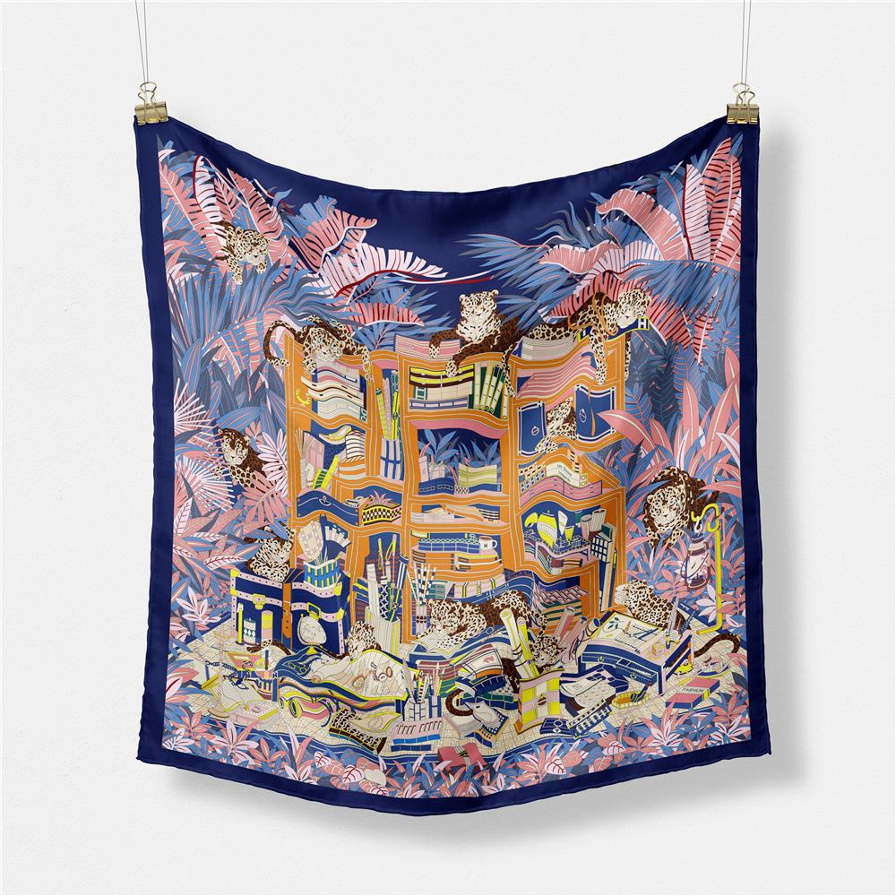 Twill Silk Scarf Woman Indian Painting Square Scarves Wraps Bandana Small Hijab Silk Foulards Tie Headband Neckerchief 53CM