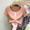Women's Short-Sleeve Square Neck Spliced T-Shirt - Versatile Korean Style Summer Top