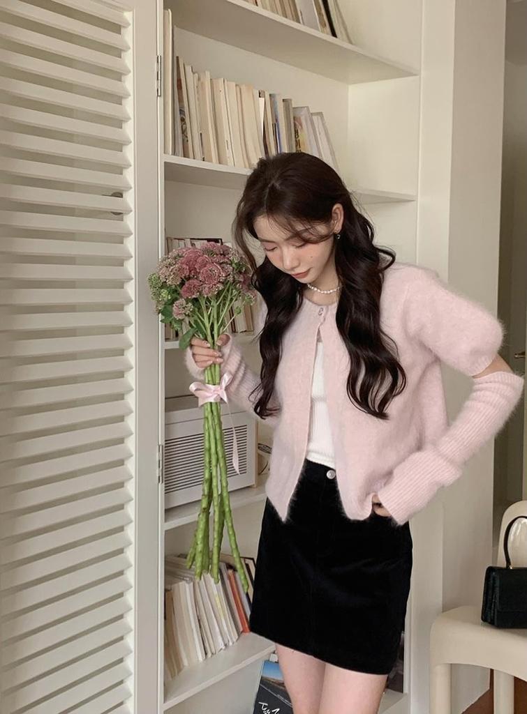 Korean Fashion Knit Sweater with Long Sleeves and Arm Set of Cardigan and Short Sleeve Korean Short [KOREARU] Women's Covers, Bolero, Knitwear,