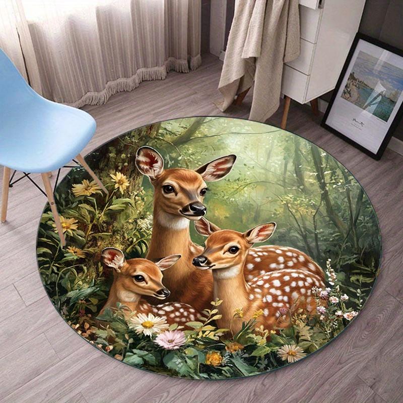 

Round Crystal Velvet Rug Deer Family Forest Scene Nature Print Round Floor Mat Living Room Bedroom Decor Wildlife Art Design 60cmx60cm