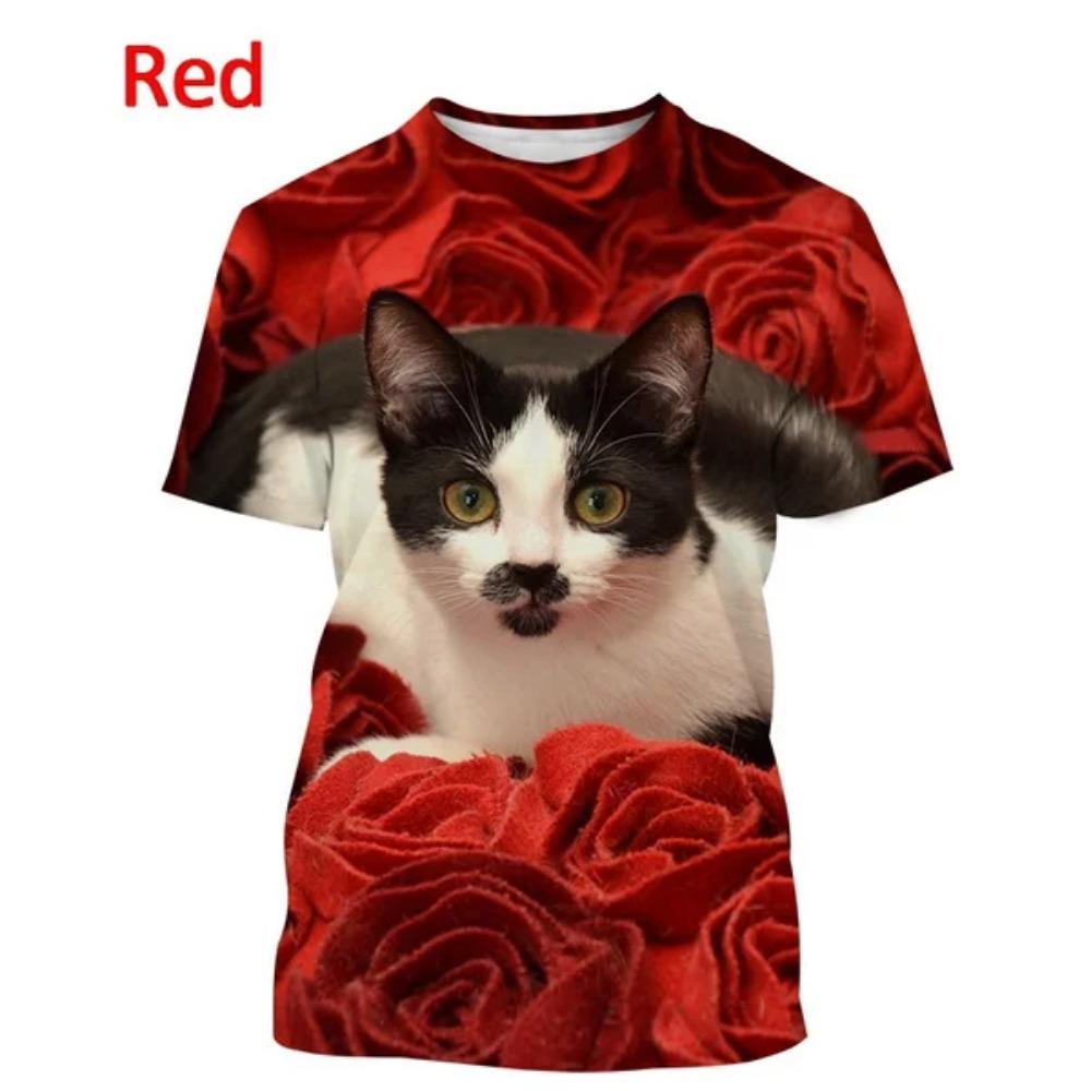 Nuova Maglietta a Maniche Corte con Stampa Floreale e Gatto alla Moda da Donna, Maglietta Casual Carina, Top Streetwear Animale Harajuku