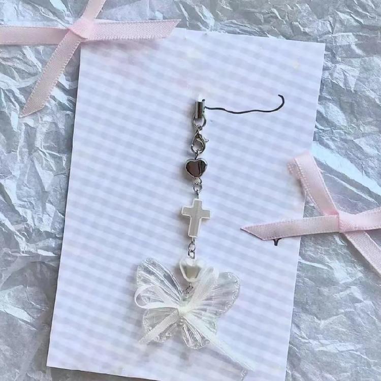 Bowknot Beaded Phone Lanyard Stylish Butterfly Keychain Pendant Phone Accessory