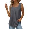 Women Summer Loose Flowing Sleeveless Vest Top with Pleated Square Neck and Curved Hem